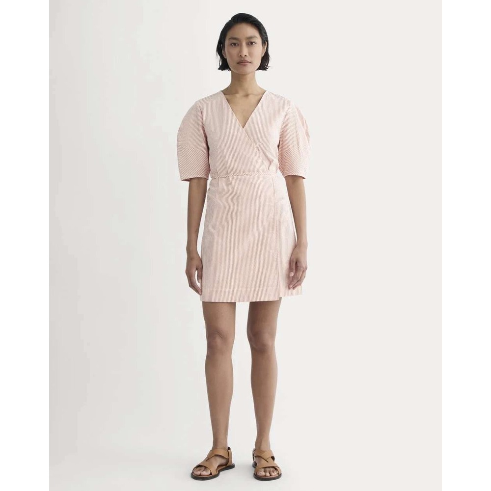 Everlane Seersucker Wrap Dress Sz 8 Orange Mini Organic Cotton Balloon Sleeves